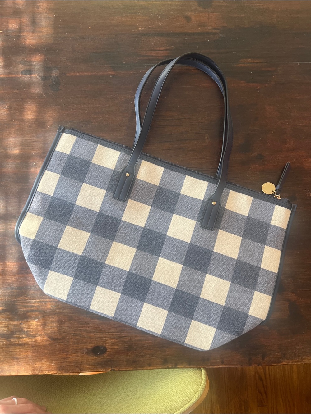 Draper James RSVP Joy Tote Bag Blue White Gingham Gold Tone Hardware Full Zipper